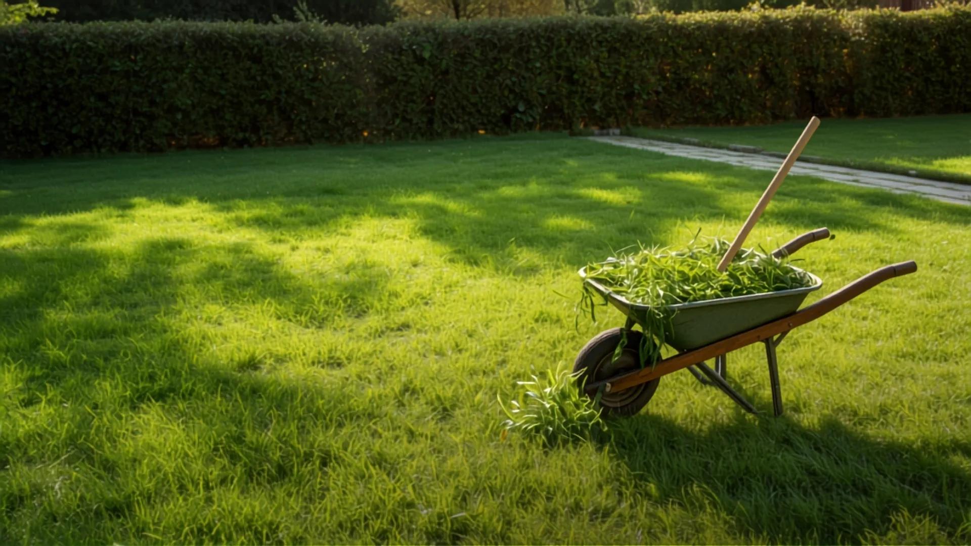 Sonniger, frisch gemähter Garten mit geschnittener Hecke, Steinweg und einer Schubkarre voller Grünschnitt