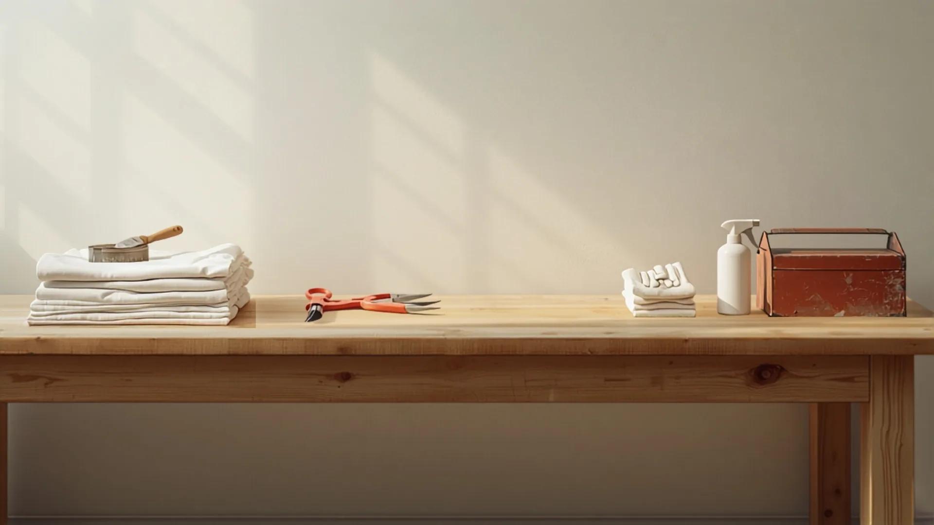 Werkbank mit vorbereiteten Materialien: gefaltete Abdecktücher mit Pinsel und eine Gartenschere