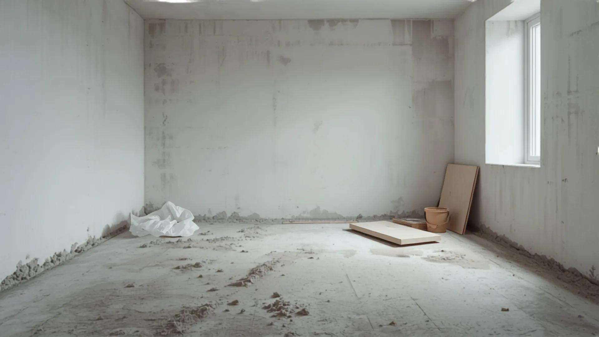 Rohbauraum mit Baustaub auf dem Estrich, zusammengeschobener Abdeckfolie, Verschnittresten an der Wand und einem leeren Eimer